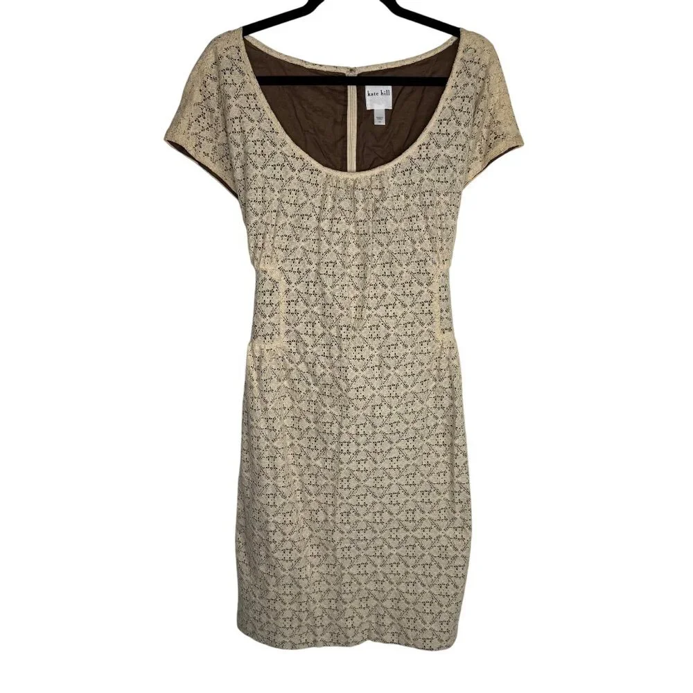 NWT Kate Hill Beige & Brown Lace Dress‎ Bow Tie Waist Cottagecore Prairie Sz 14P
